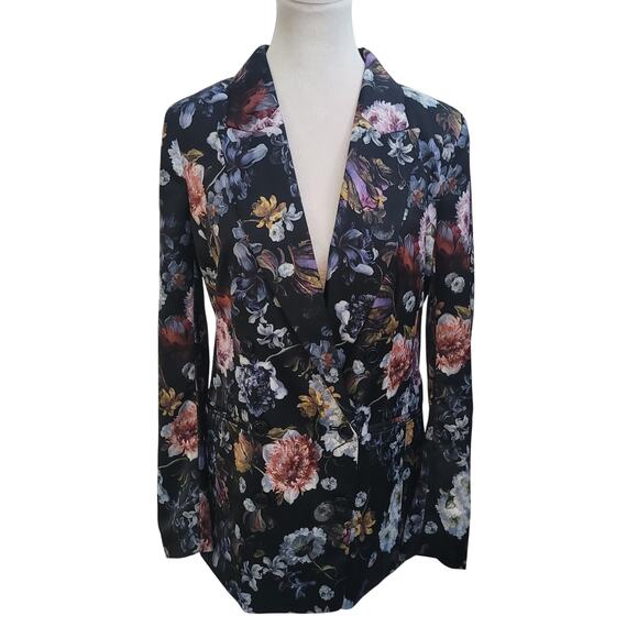 H&M Size 6 Satin Floral Blazer Black Structured Feminine Tailored Dark Coquette - Picture 1 of 8